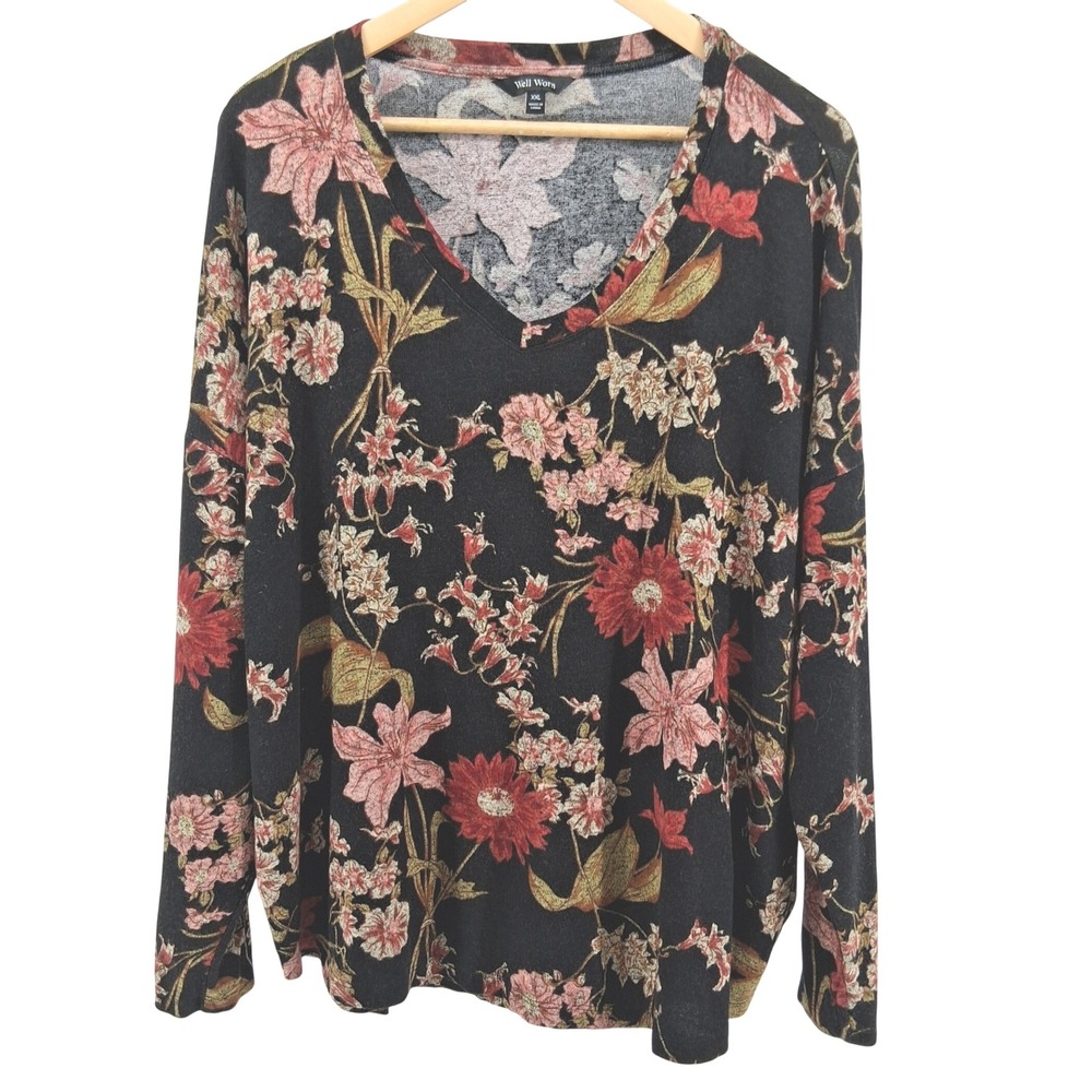 Well Worn XXL Dark Floral Lightweight Sweater Black Red Long Sleeve Boho Fall